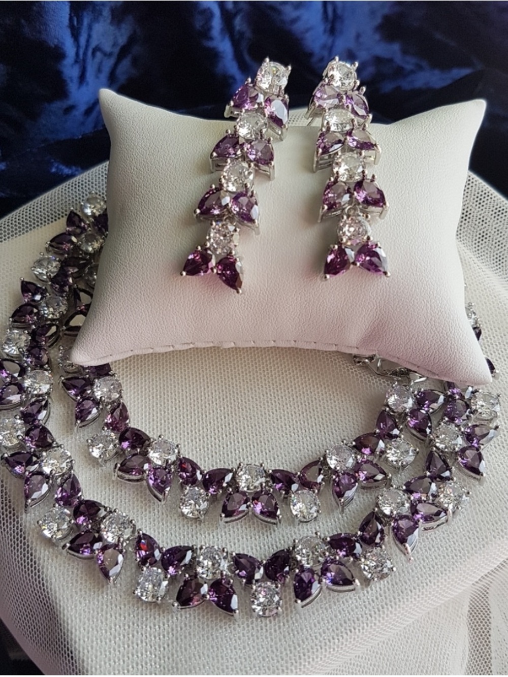 Swarovski Elements Clear & Amethyst Purple Tennis Statement Necklace NEW